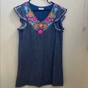 THML Dark Blue Blouse with Vibrant Floral Embroidery